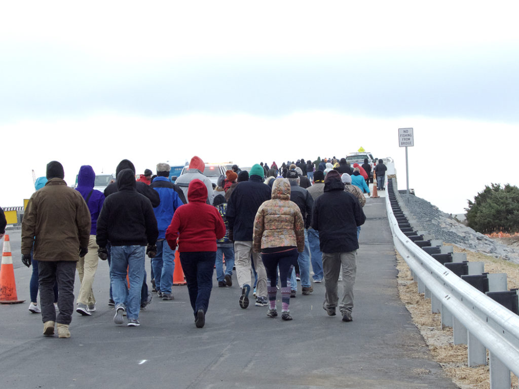 Walking over the replacement span for the Bonner Bridge.