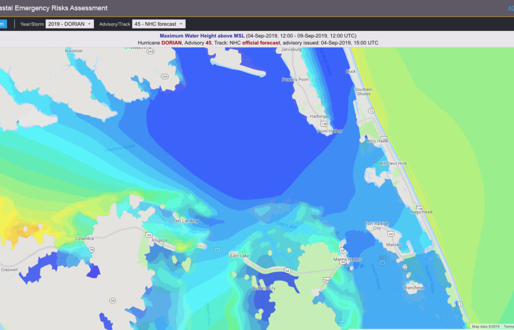 Dorian storm surge prediction for the northern Outer Banks. Most areas are 2-3' with some 3-5'. Image Coastal Emergency Risks Assessment.