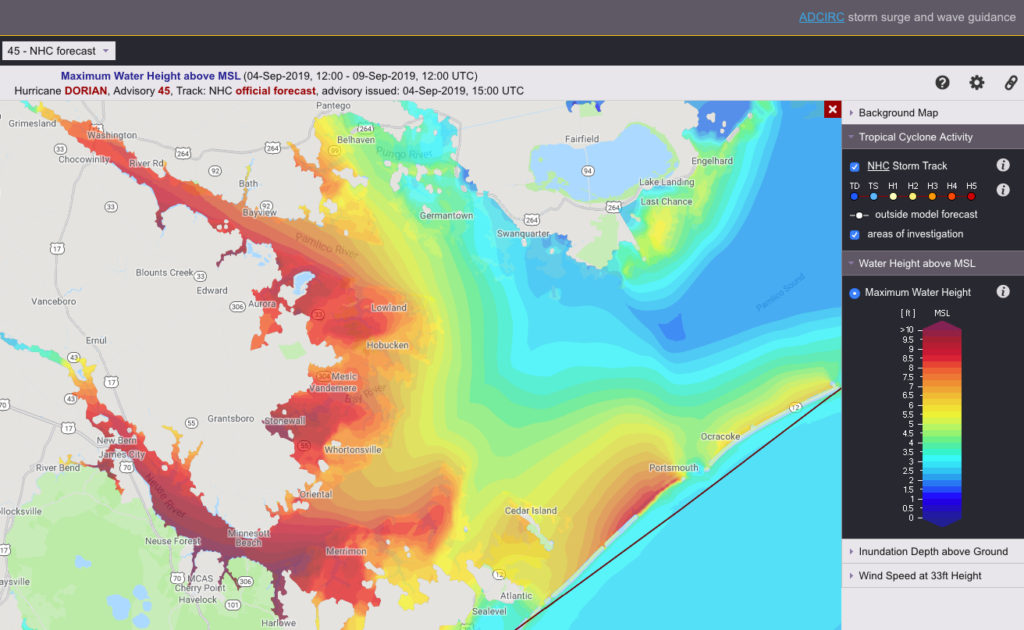 Storm surge predictions for the western Pamlico Sound including Pamlico and Neuse Rivers. Red to dark red indicates between 8-10' storm surge. 