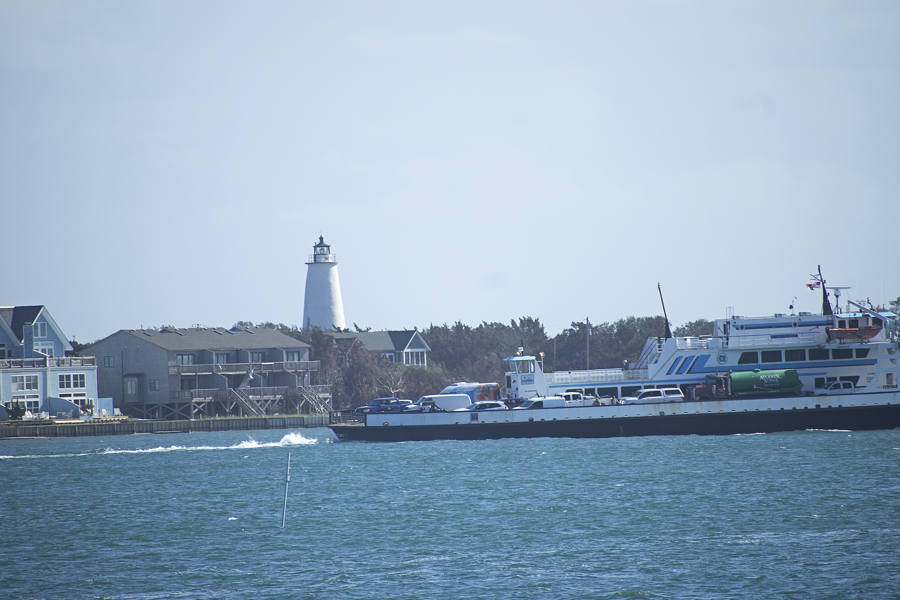 As one ferry leaves another arrives at Ocracoke in November. View from the Hatteras Ferry getting ready to enter Silver Lake as Cedar Island ferry leaves.